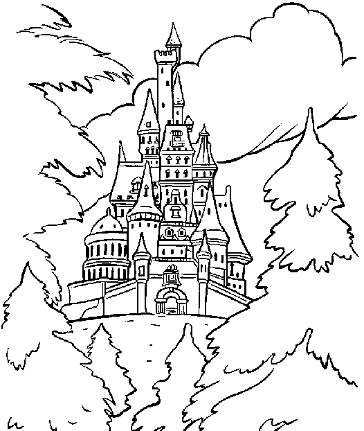Coloriage d'un château majestueux entouré de nuages