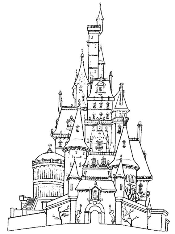 Coloriage d'un château majestueux entouré de verdure