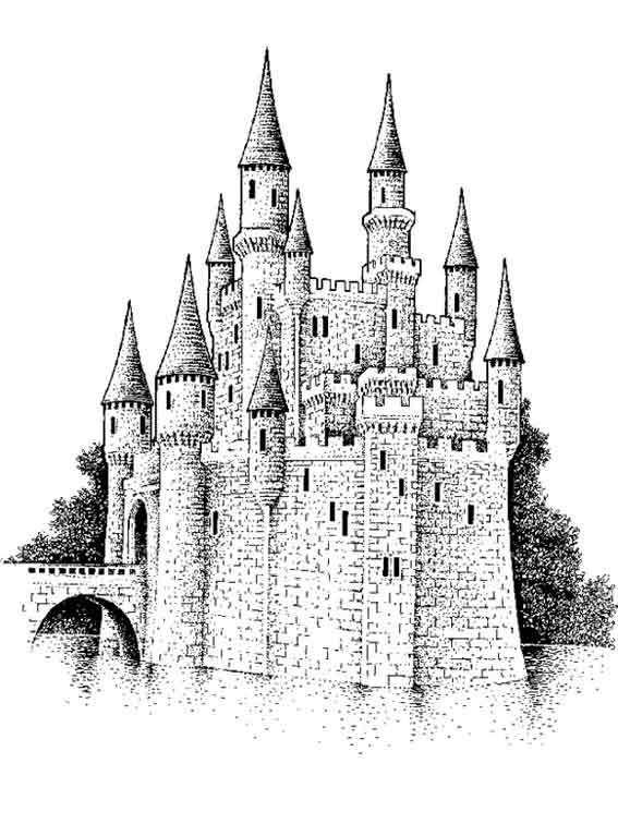 Coloriage d'un château entouré de nuages et d'arbres