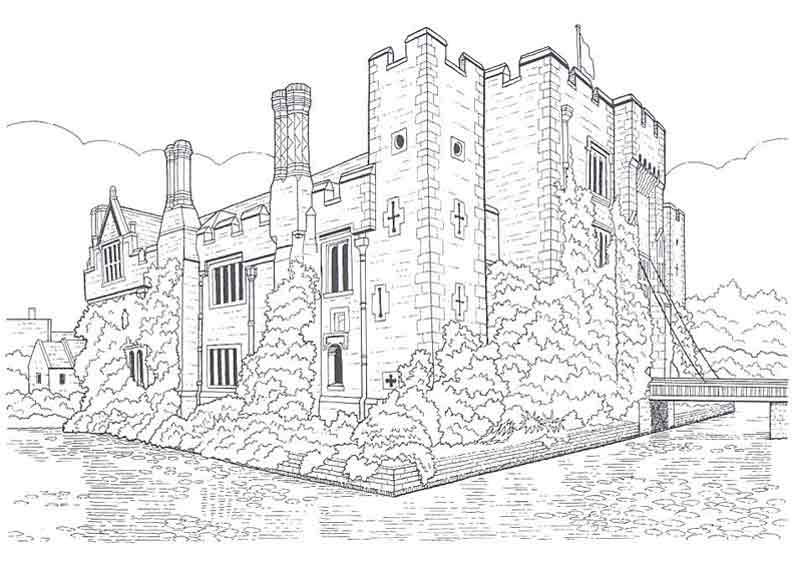 Coloriage d'un château majestueux avec son environnement