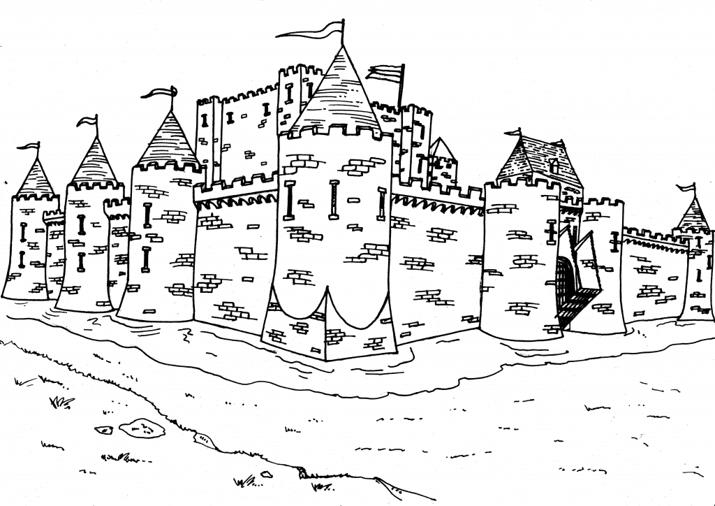Château médiéval avec tourelles et jardins environnants