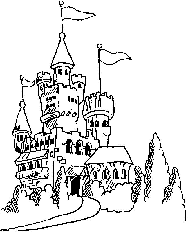 Coloriage d'un château majestueux surplombant un paysage vallonné