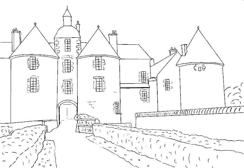 Coloriage d'un château médiéval avec des tours et un environnement naturel