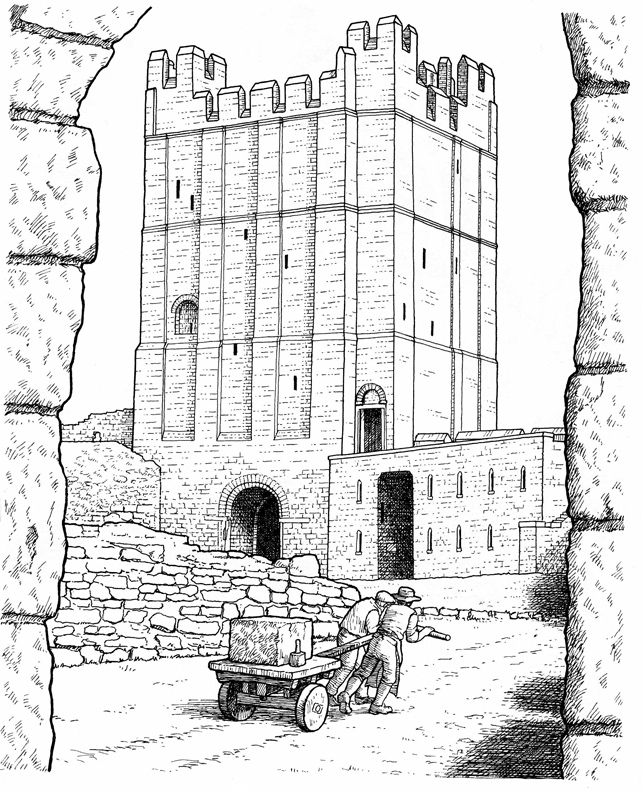 Coloriage d'un château majestueux avec ses tours et son jardin