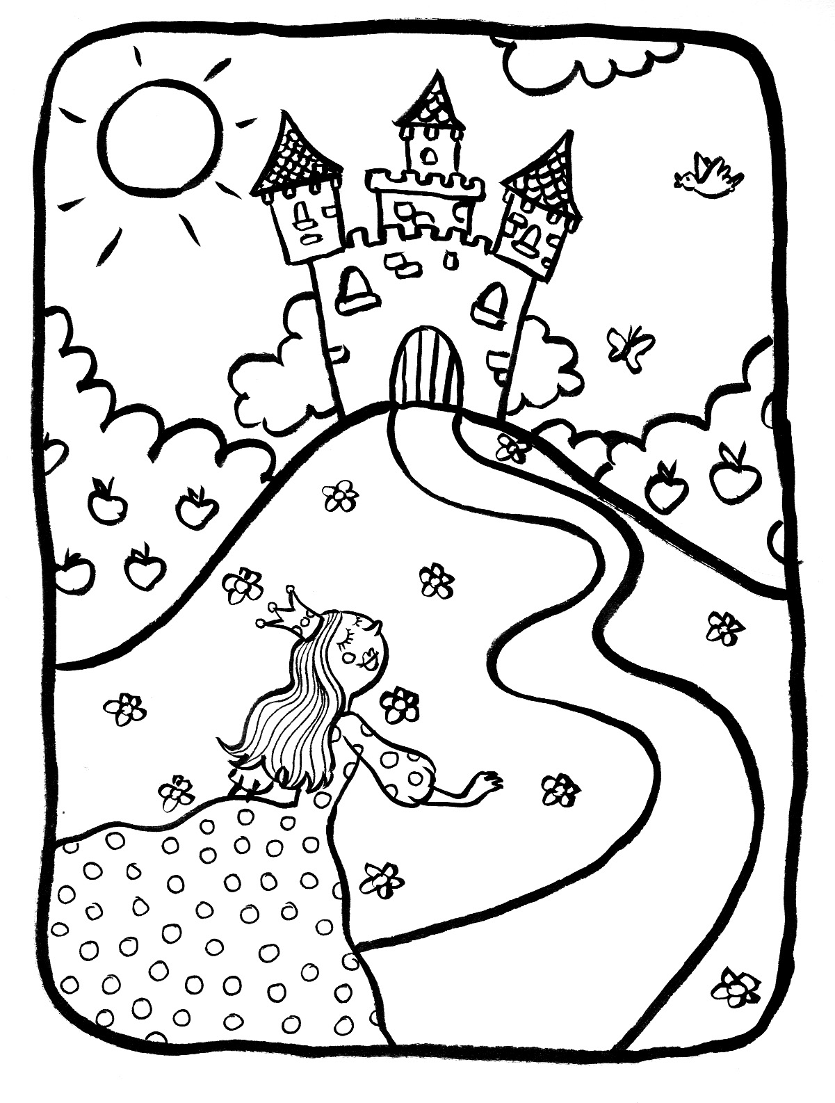 Coloriage d'un château majestueux entouré d'arbres