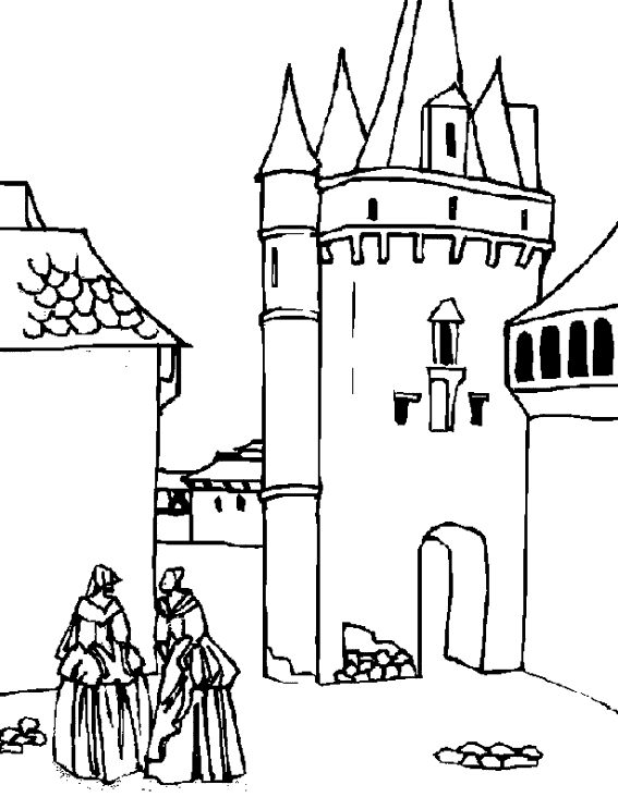 Coloriage d'un château féodal entouré de paysages naturels