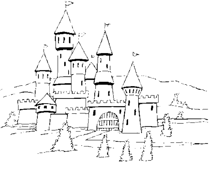 Coloriage d'un château majestueux surplombant un paysage verdoyant