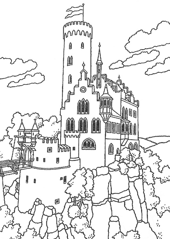 Coloriage d'un château majestueux entouré de verdure