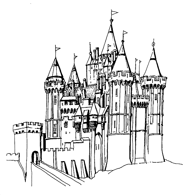 Coloriage d'un château majestueux avec son environnement