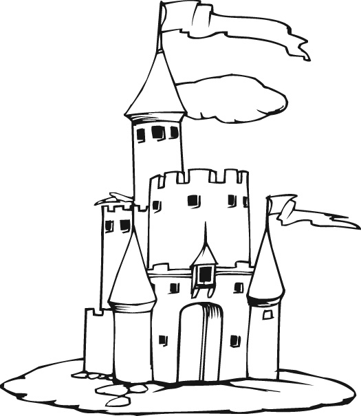 Coloriage d'un château majestueux avec un paysage environnant