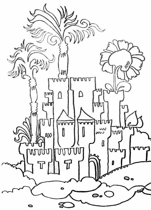 Coloriage d'un château majestueux entouré de nuages