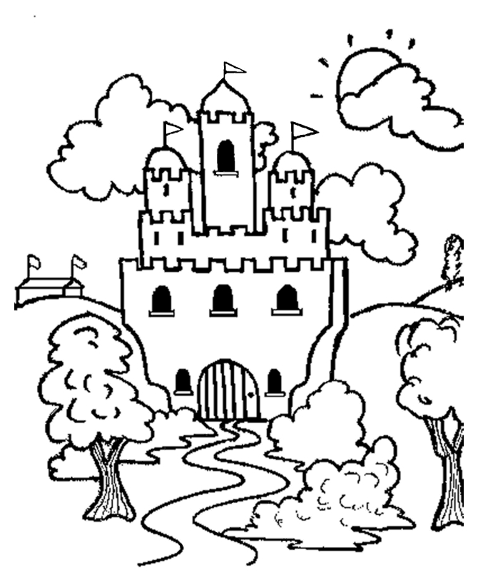 Coloriage d'un château majestueux avec des arbres et un ciel nuageux