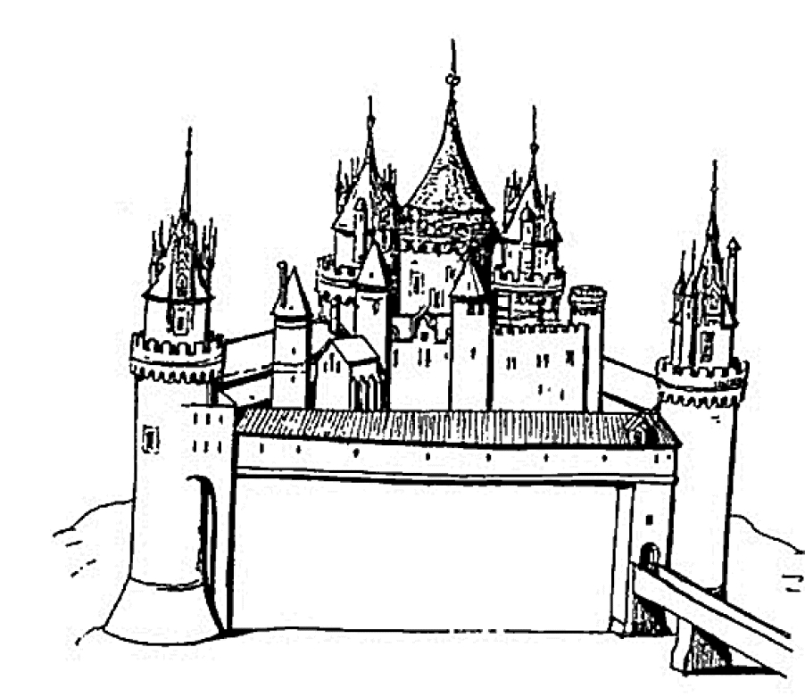 Coloriage d'un château majestueux avec des tours et un jardin fleuri