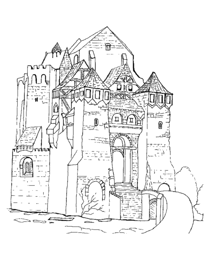 Coloriage d'un château médiéval entouré de nuages