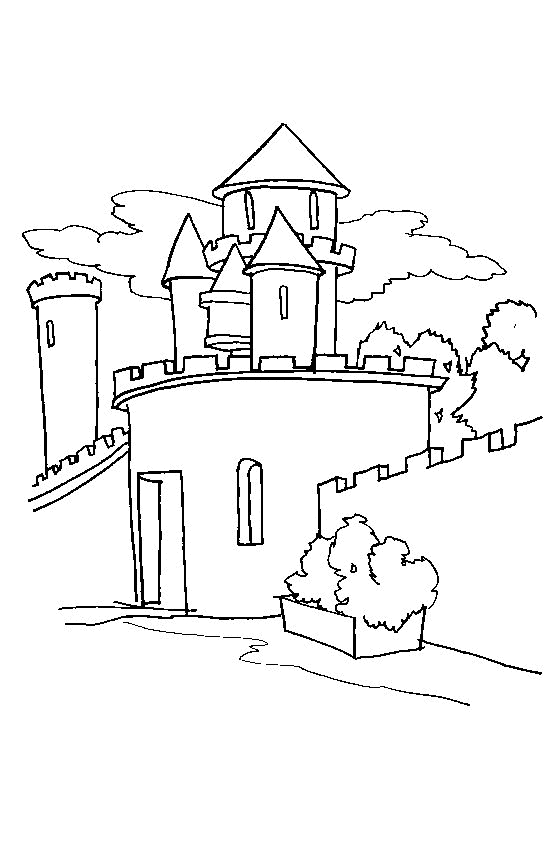 Coloriage d'un château médiéval avec ses tours et son environnement