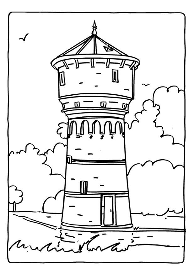 Coloriage d'un château médiéval entouré d'arbres et de montagnes