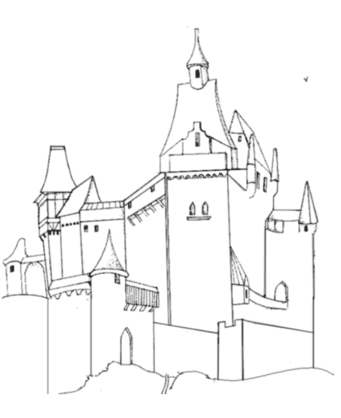 Coloriage d'un château majestueux entouré de verdure