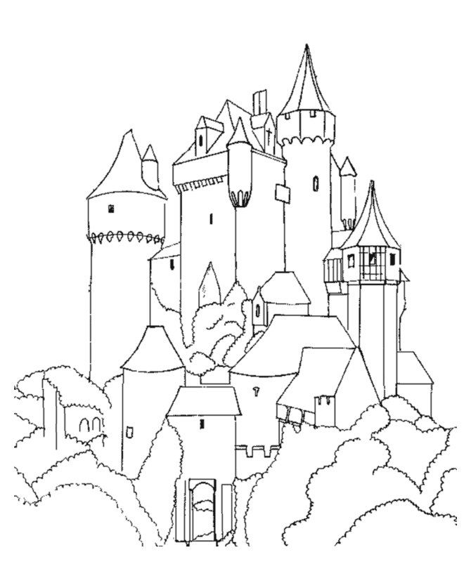 Coloriage d'un château majestueux au cœur d'un paysage bucolique
