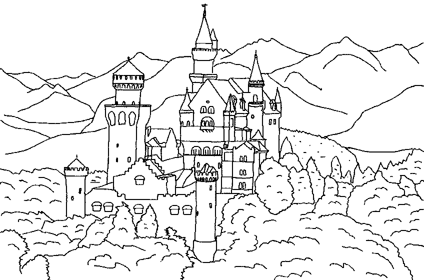 Coloriage d'un château majestueux entouré d'arbres et d'un ciel nuageux