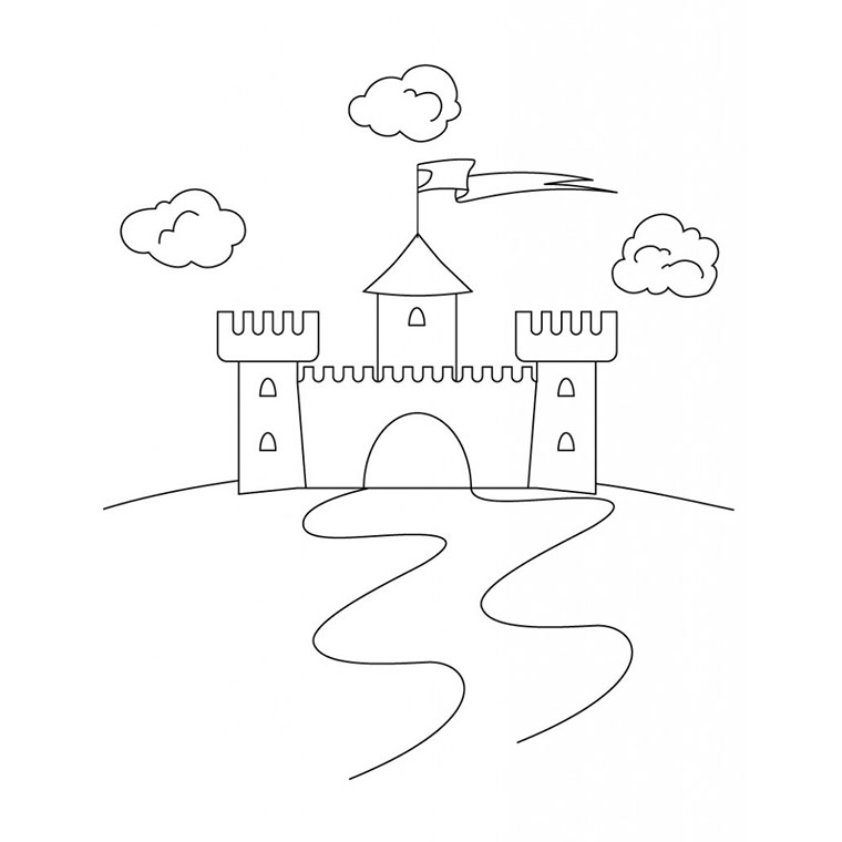 Coloriage d'un château majestueux entouré de verdure