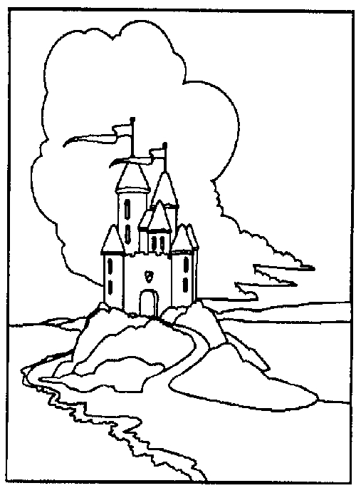 Coloriage d'un château majestueux entouré d'un paysage paisible