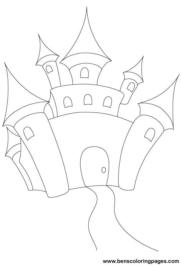 Coloriage d'un château majestueux entouré de verdure