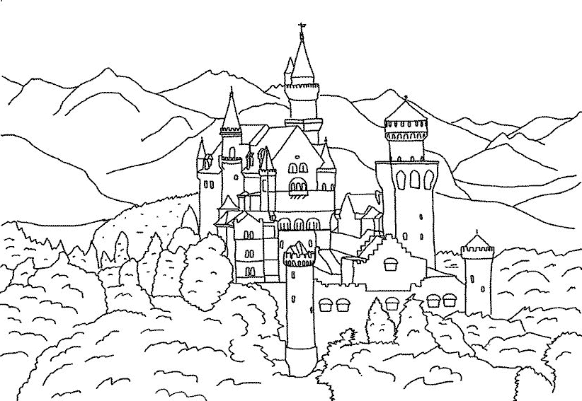 Coloriage d'un château majestueux entouré de paysages verdoyants