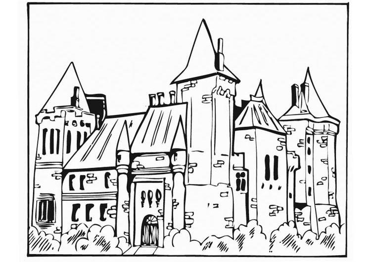 Coloriage d'un château majestueux avec ses tours et son jardin
