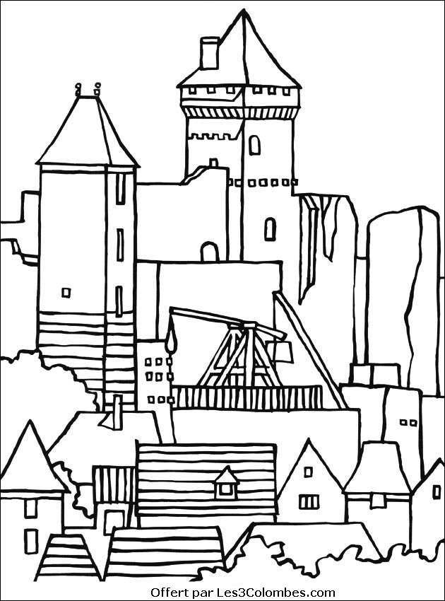 Coloriage d'un château majestueux avec ses tours et son jardin