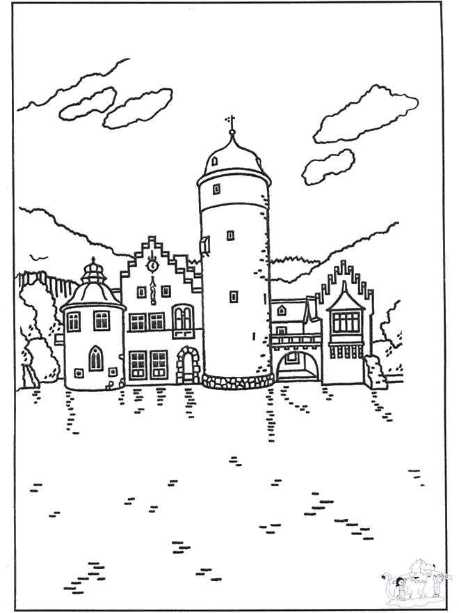 Coloriage d'un château médiéval entouré de nuages