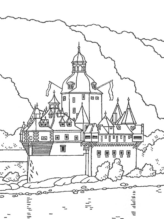 Coloriage d'un château majestueux au milieu d'un paysage verdoyant