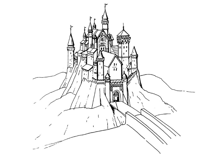 Coloriage d'un château majestueux avec son environnement