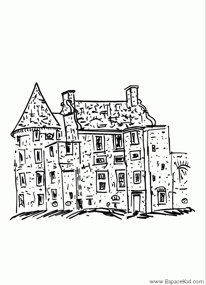 Coloriage d'un château majestueux avec des tours et un jardin