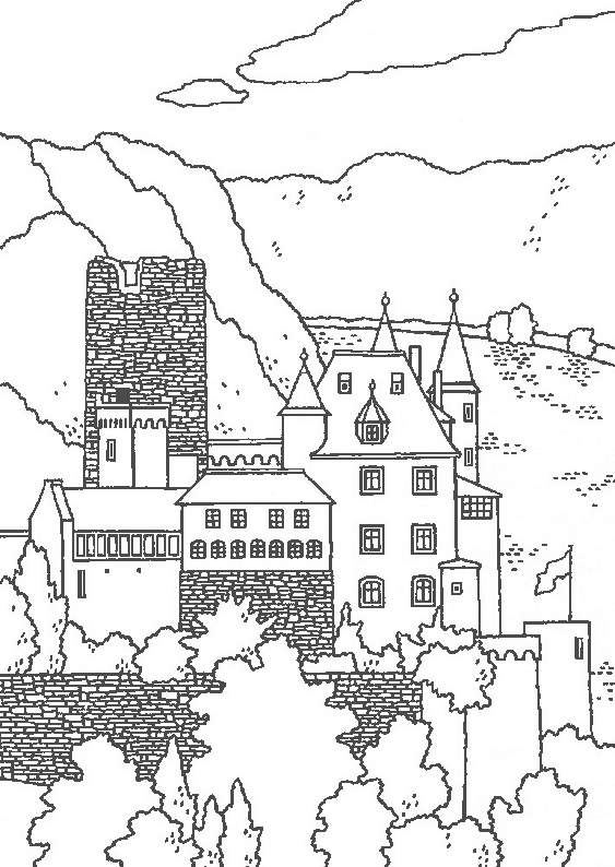 Coloriage d'un château majestueux surplombant un paysage verdoyant
