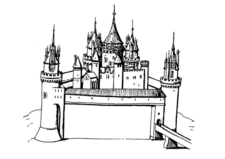 Coloriage d'un château médiéval entouré de végétation luxuriante