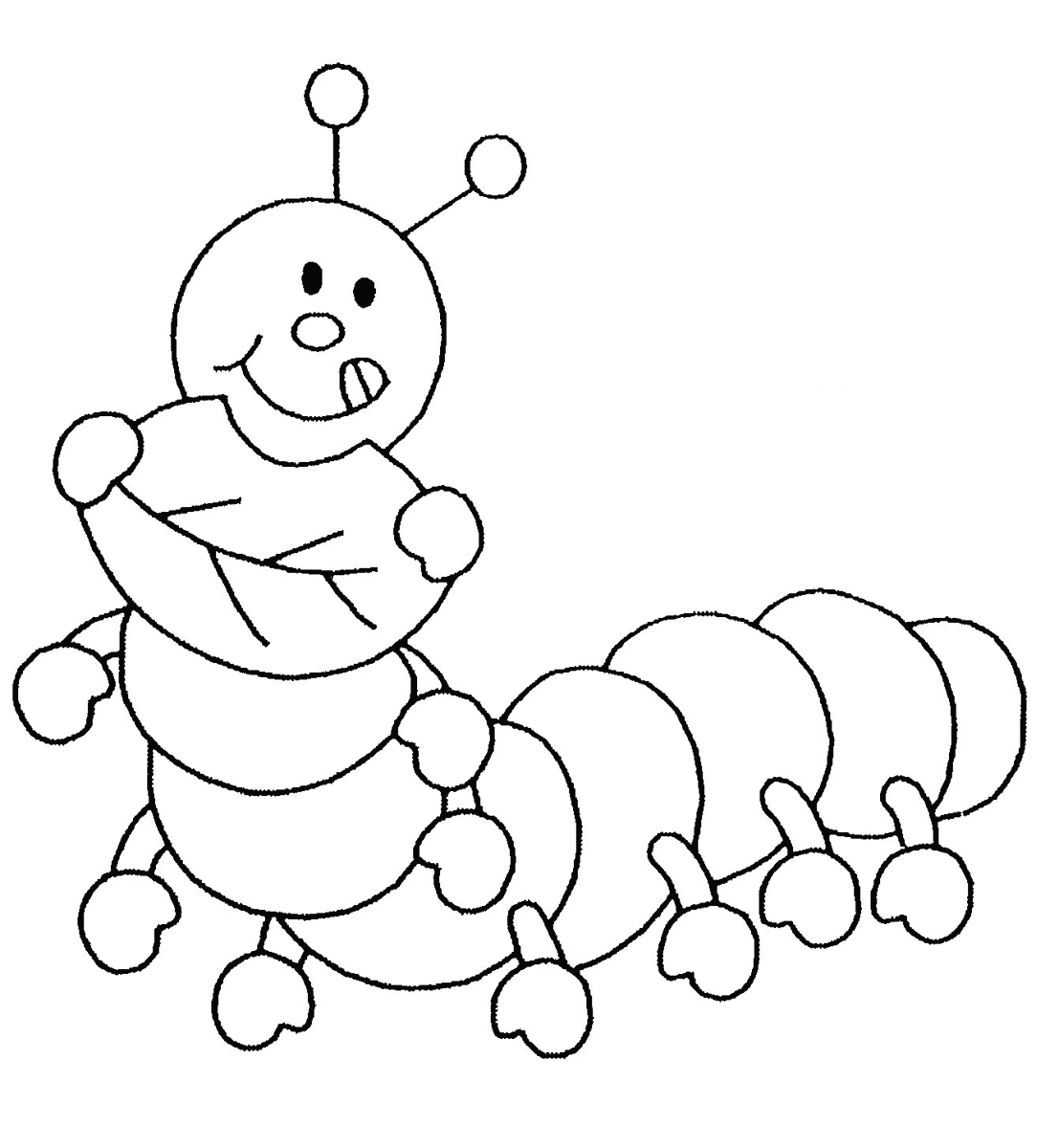Coloriage d'une chenille joyeuse sur une feuille verte