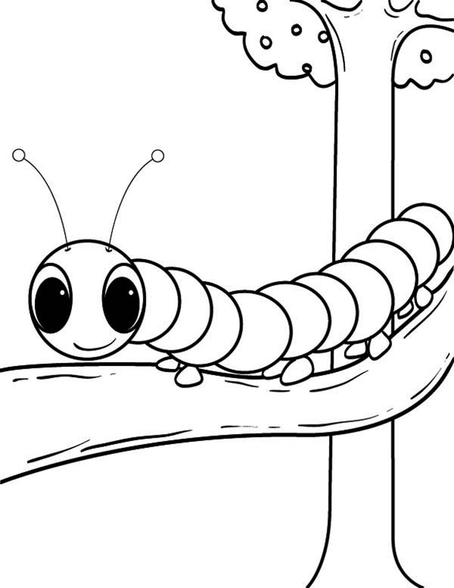 Coloriage d'une chenille joyeuse sur une feuille verte