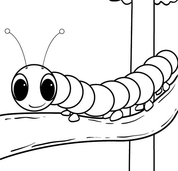 Coloriage d'une chenille joyeuse sur une feuille verte