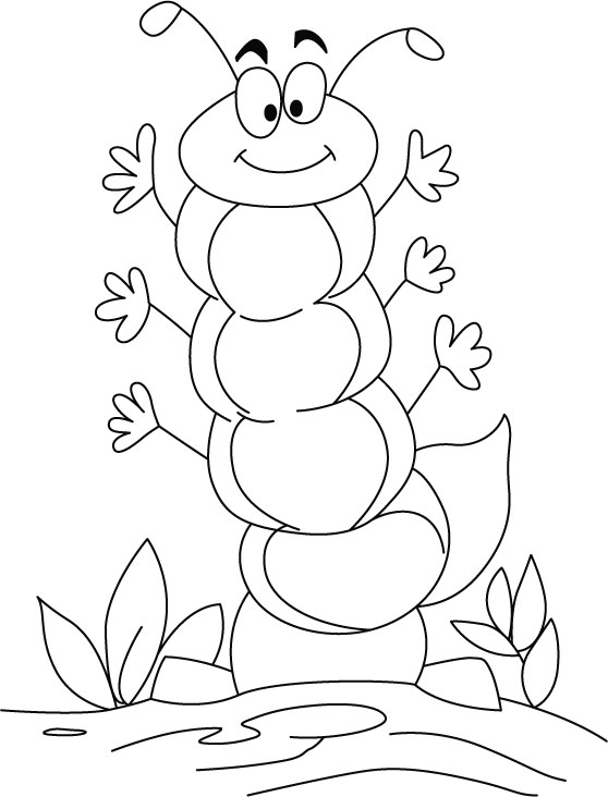 Coloriage d'une chenille joyeuse sur une feuille verte