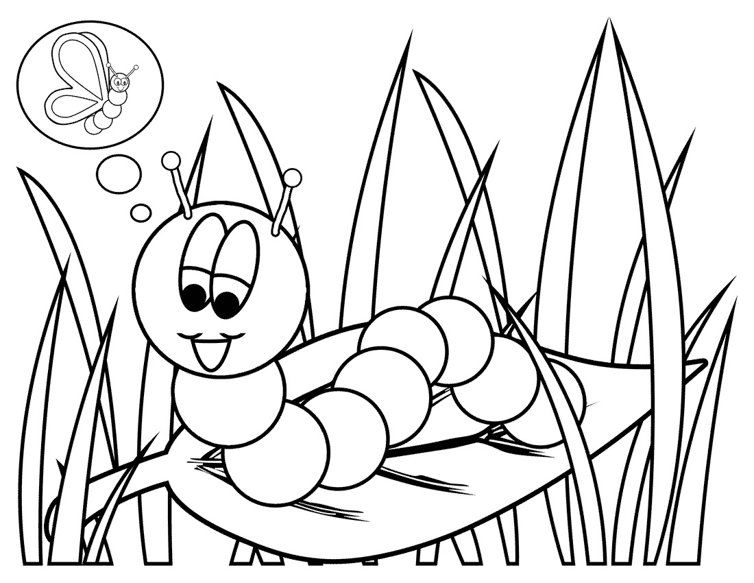 Coloriage d'une chenille joyeuse sur une feuille
