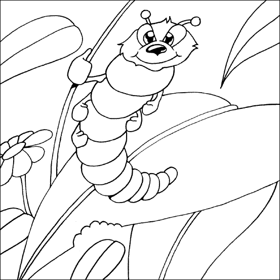 Coloriage d'une chenille joyeusement posée sur une feuille