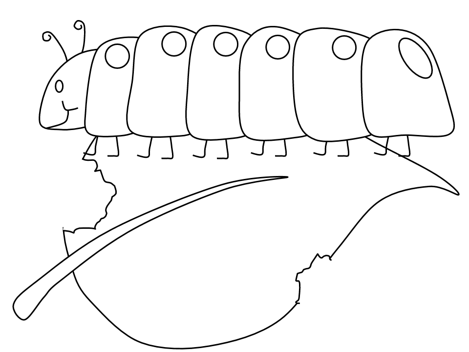 Coloriage d'une chenille joyeuse sur une feuille verte