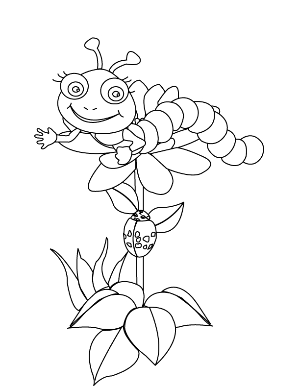 Coloriage d'une chenille sur une feuille avec des détails de la nature