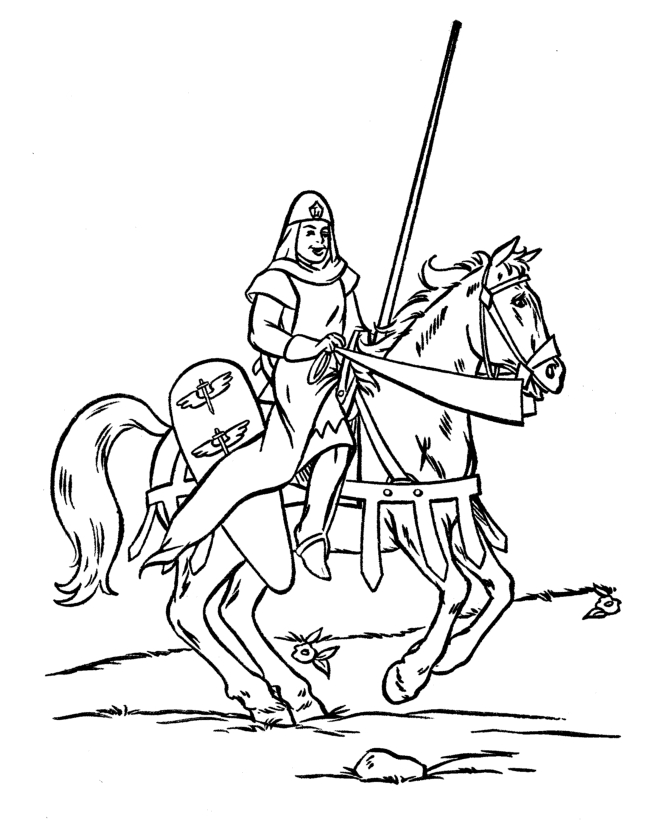 Coloriage d'un chevalier en armure, brandissant son épée dans un paysage médiéval