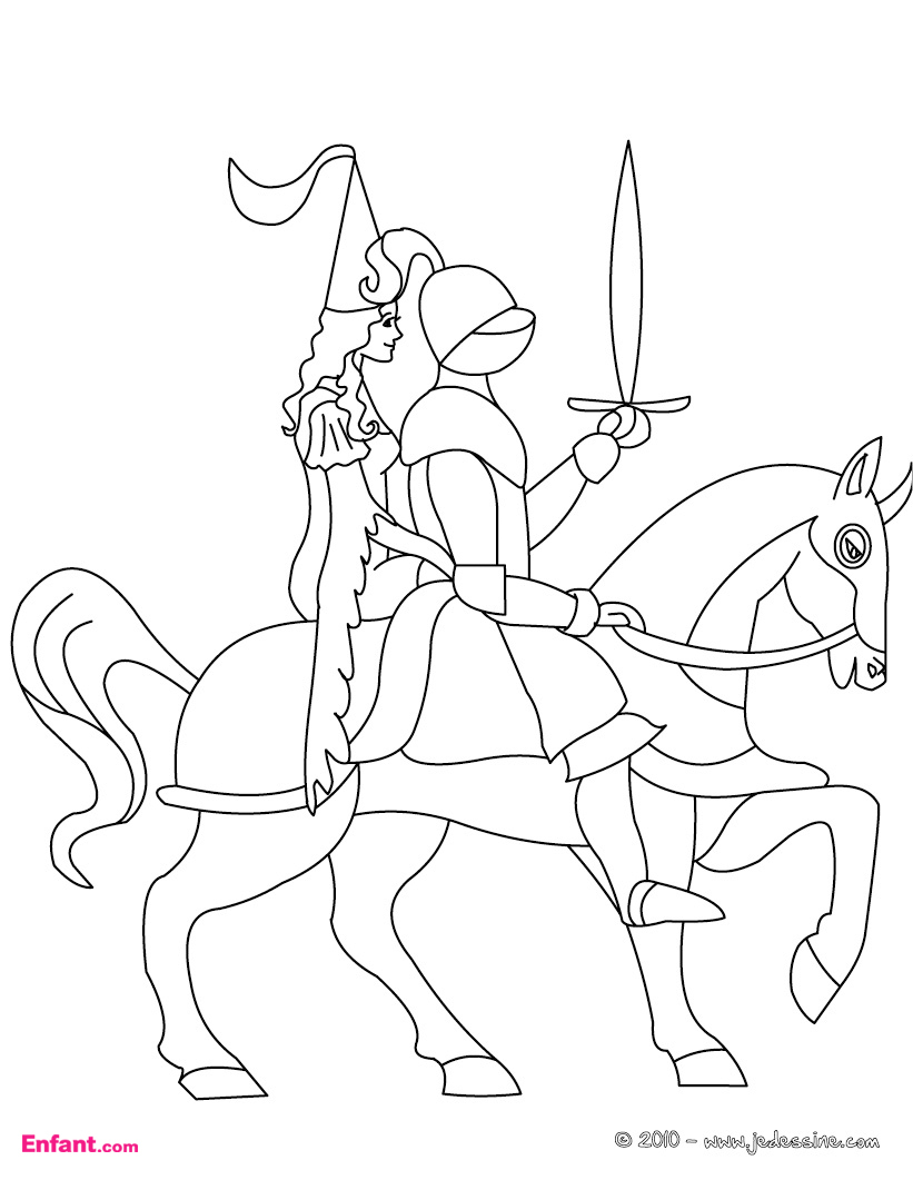 Coloriage d'un chevalier en pleine action sur son destrier