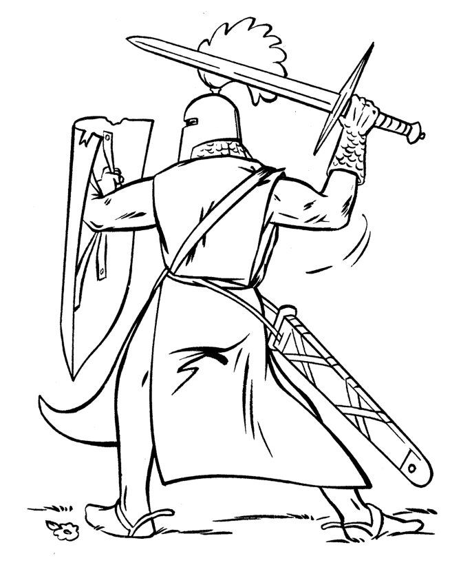 Coloriage d'un chevalier en armure avec un dragon en arrière-plan