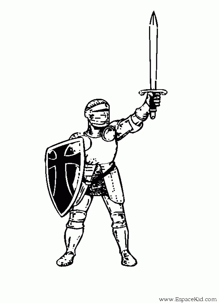 Un chevalier en armure brandissant son épée sur un fond de château