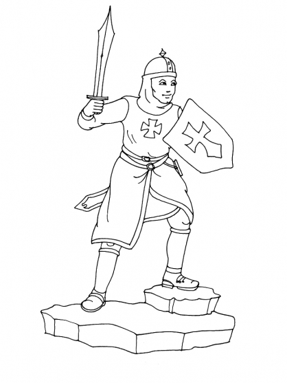 Coloriage d'un chevalier en armure sur son destrier dans un paysage médiéval