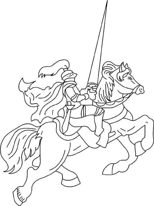 Coloriage d'un chevalier en armure, prêt au combat dans un décor médiéval