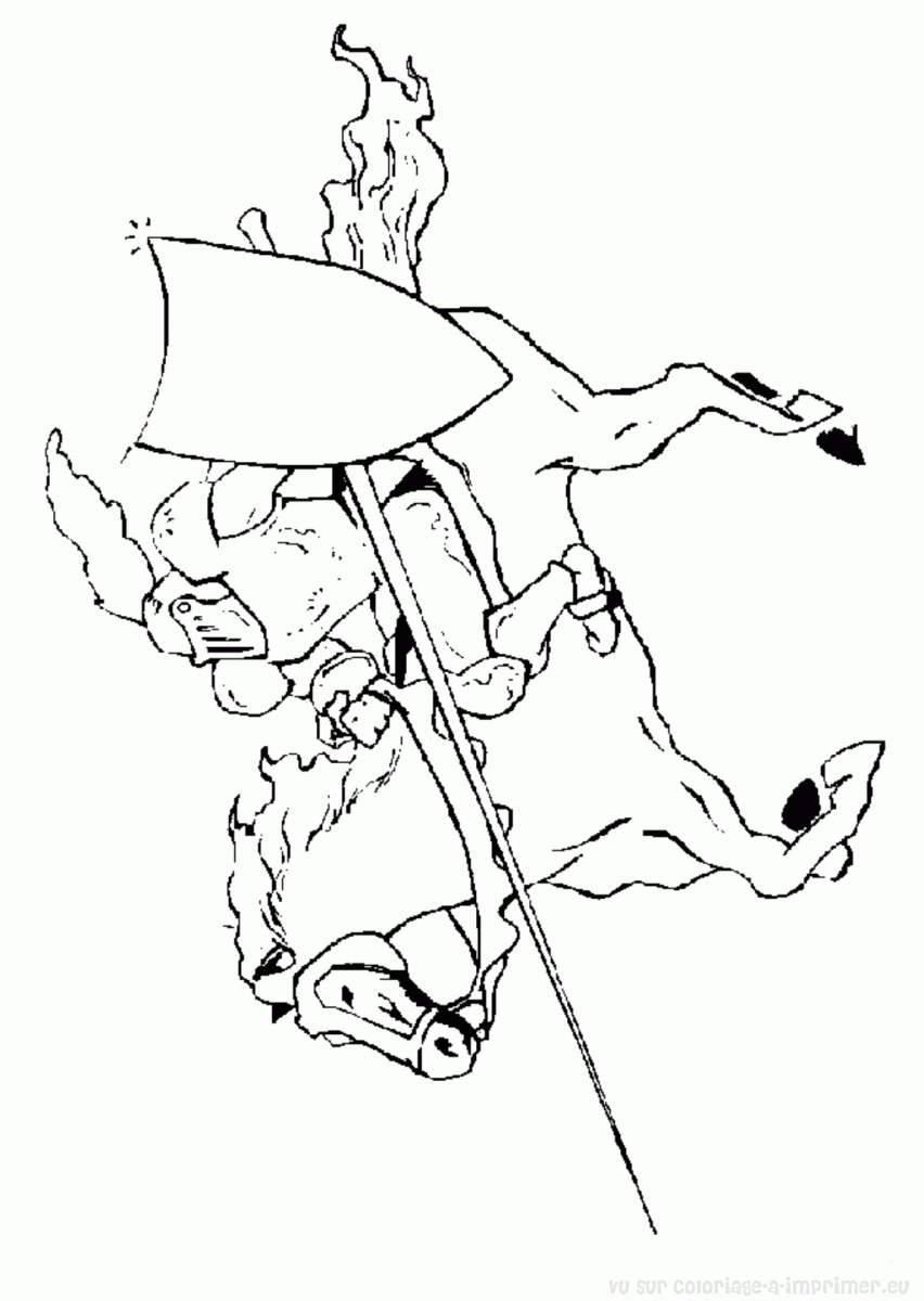 Coloriage d'un chevalier en armure brandissant une épée dans un paysage médiéval